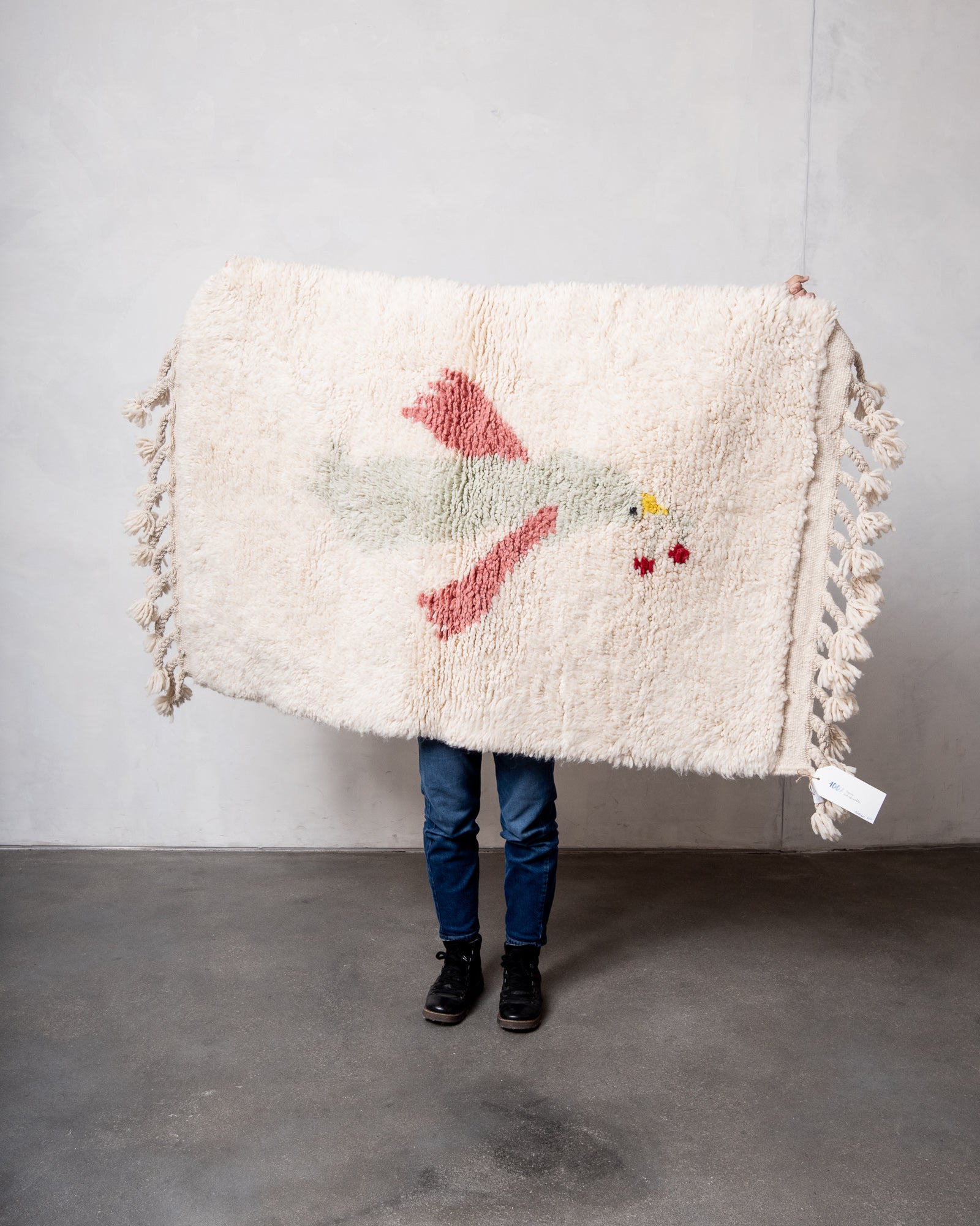 Modern, designer, handcrafted Berber rug from Morocco. Beniourain carpet with beautiful colours and patterns and fluffy wool texture.